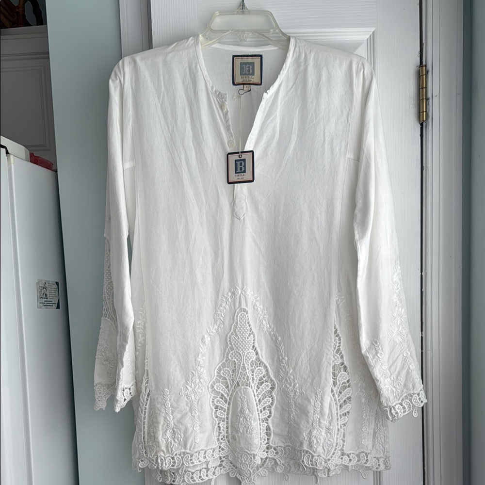 White Relaxed Tunic with Embellished Mandarin Collar